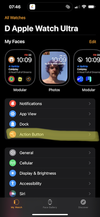 Action button in watch app
